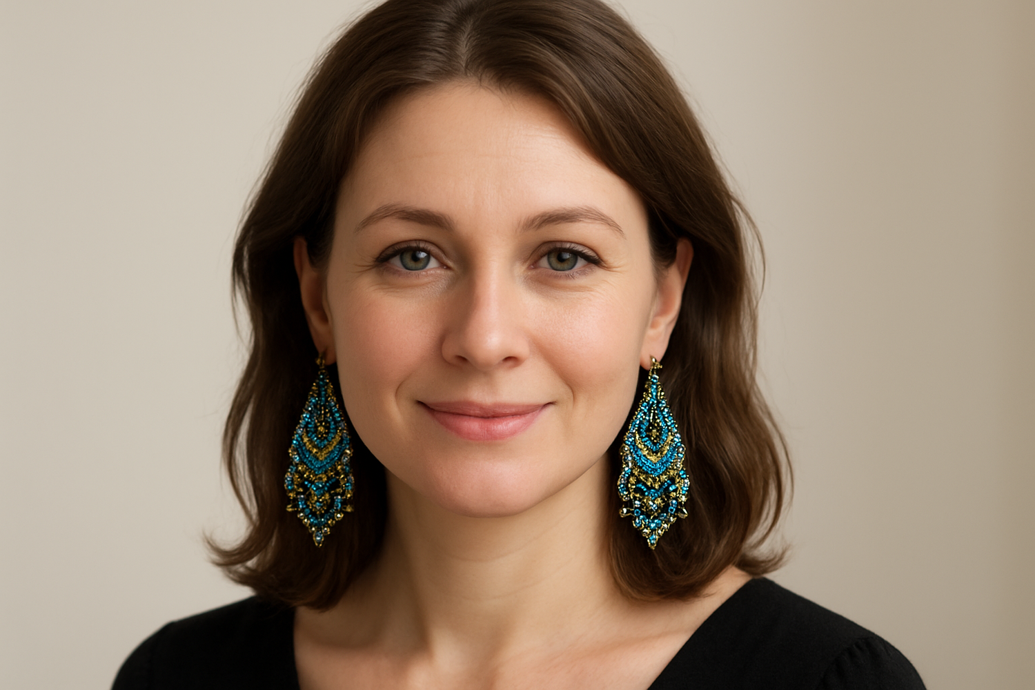 A European woman wearing seed bead earrings