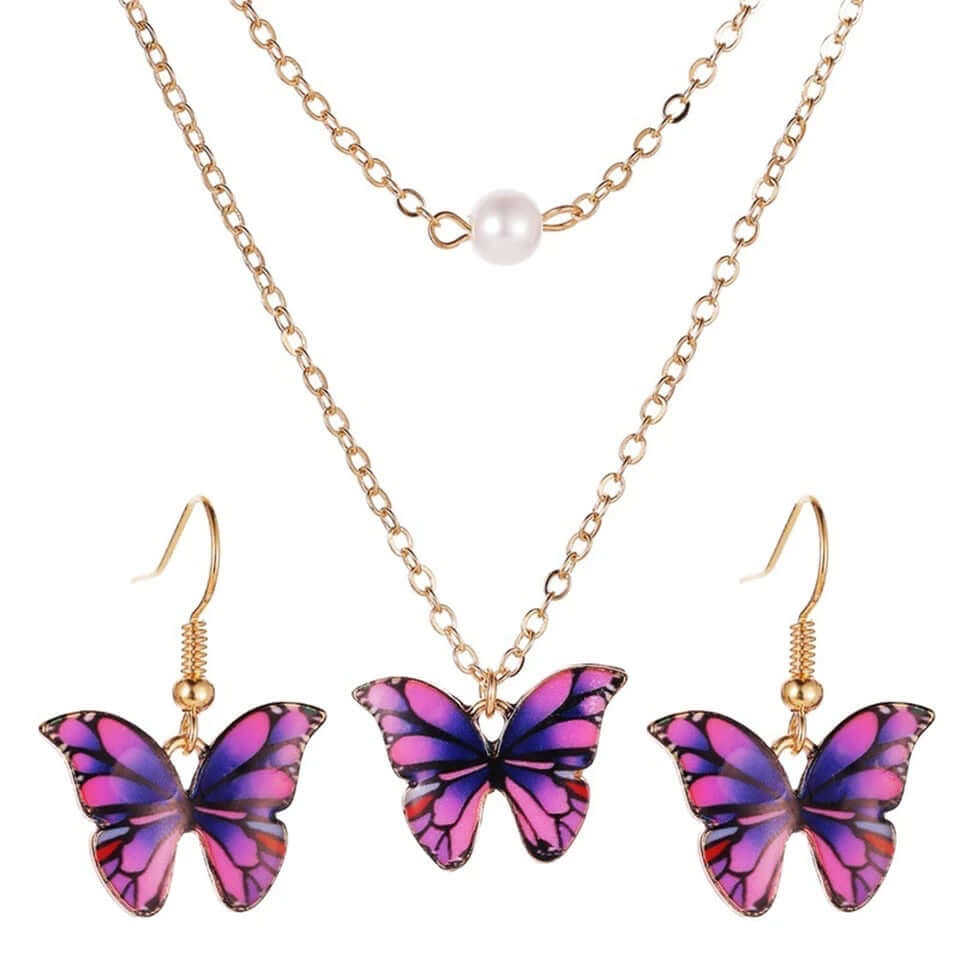 Butterfly necklace set faux pearl enameled no rust jewelry gift