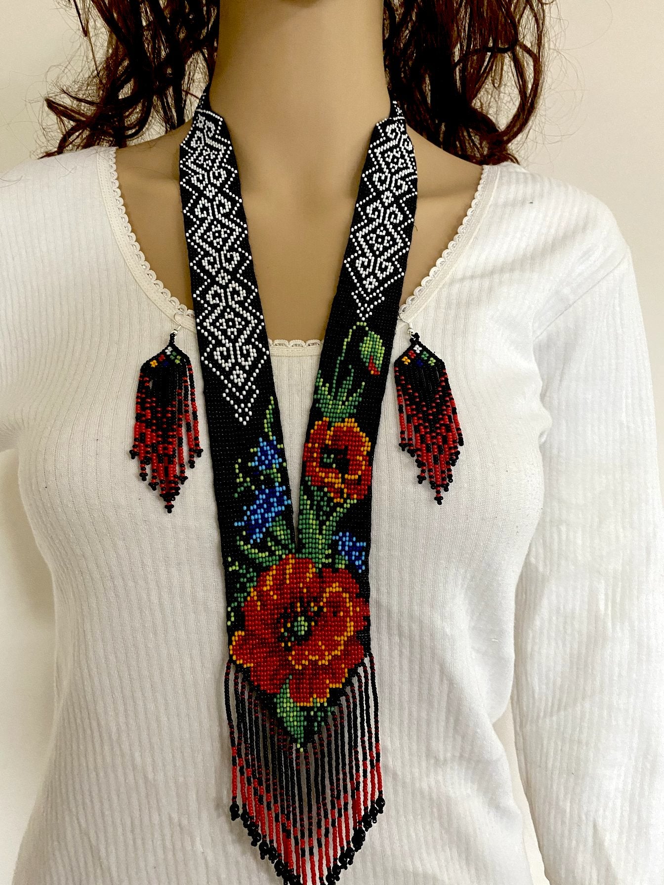 Handcrafted Bead embroidery long necklace earrings set