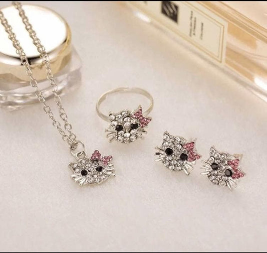 hello kitty necklace earrings ring complete jewelry set
