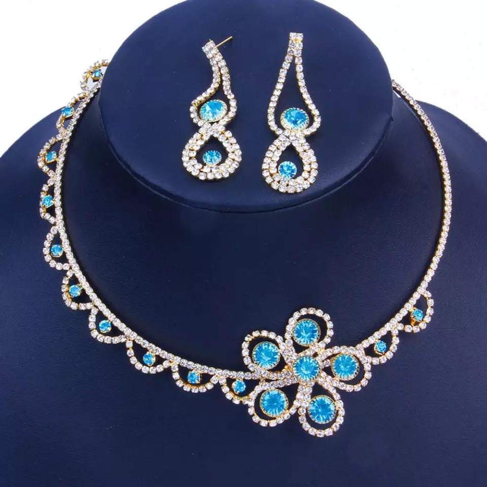 Wedding Necklace earrings set rhinestone elastic ring adjustable