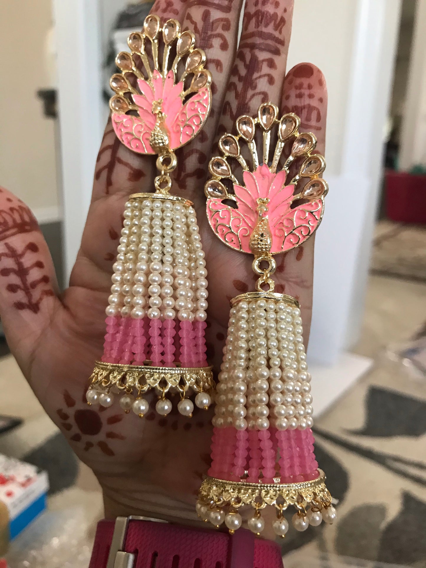 Peacock earrings Bollywood pearl drop jhumka