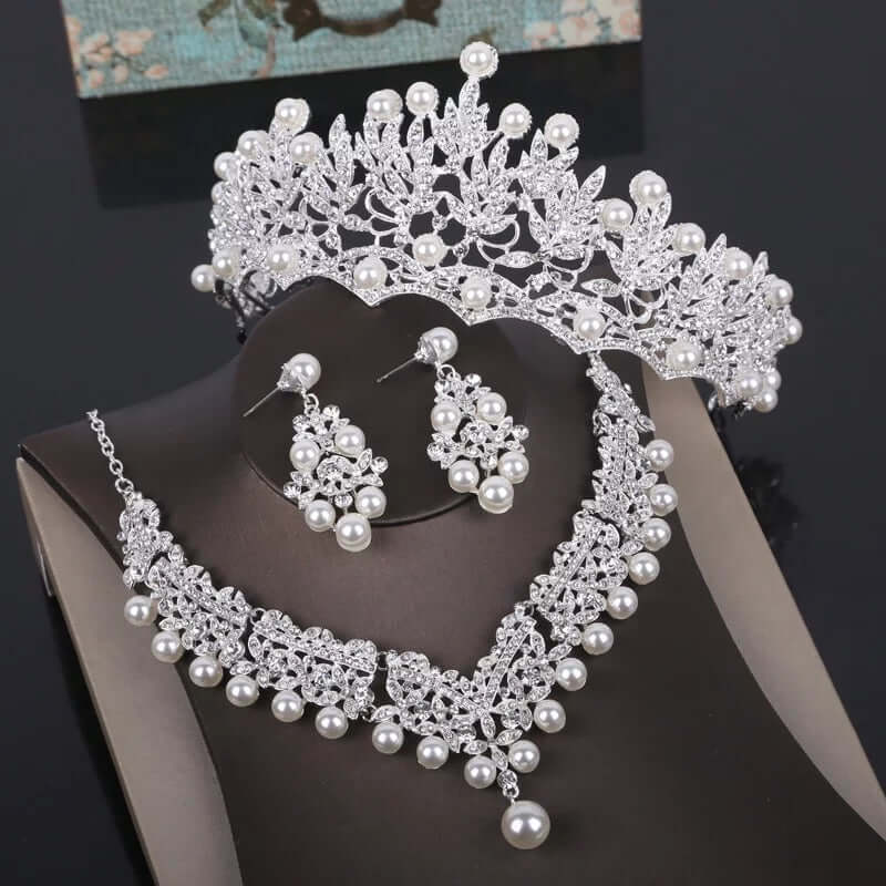 Bridal tiara necklace earrings set silver rhinestone