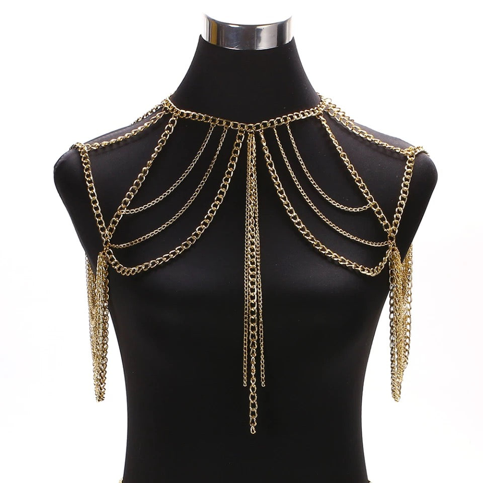 Shoulder chain multilayered waist chain and top body jewelry golden women accessory