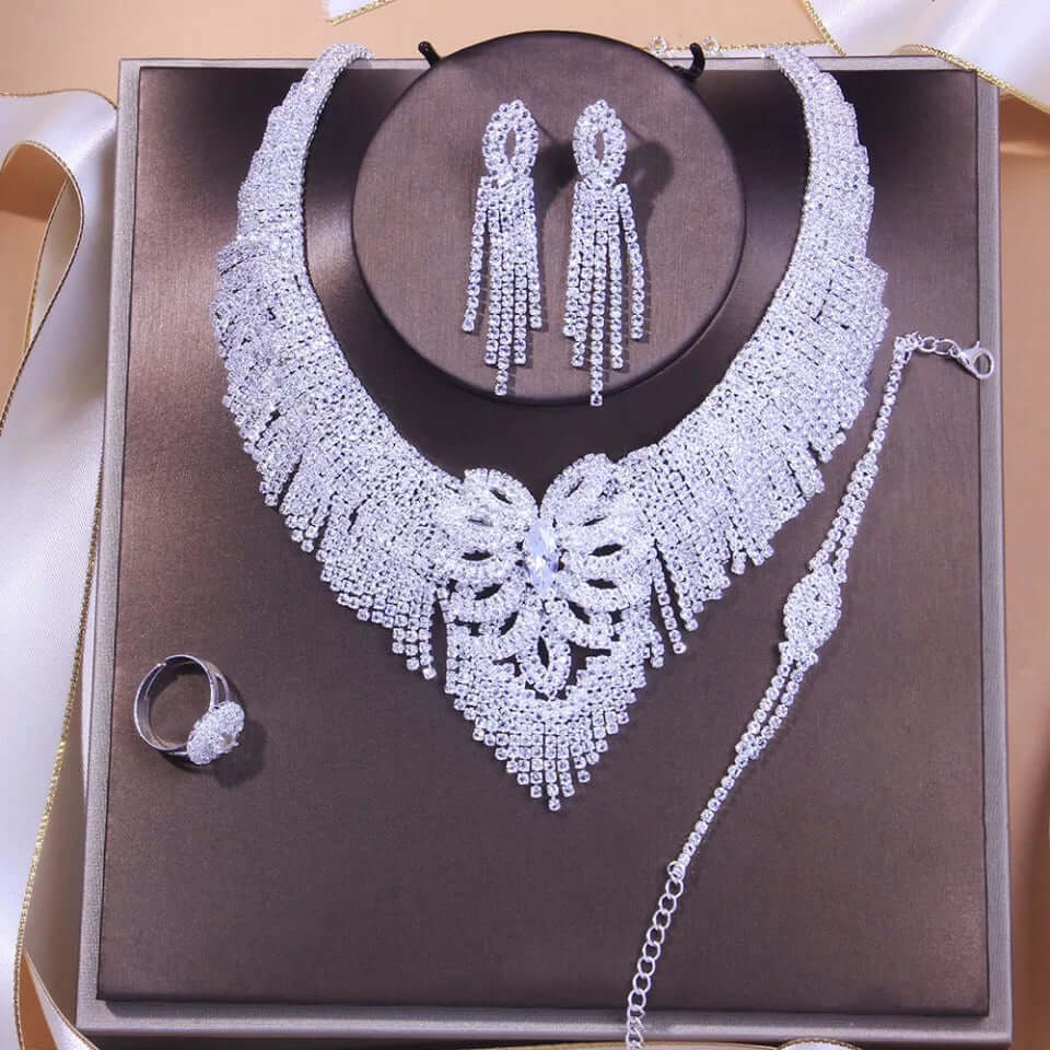 Bridal jewelry necklace earrings bracelet ring set super shiny lightweight