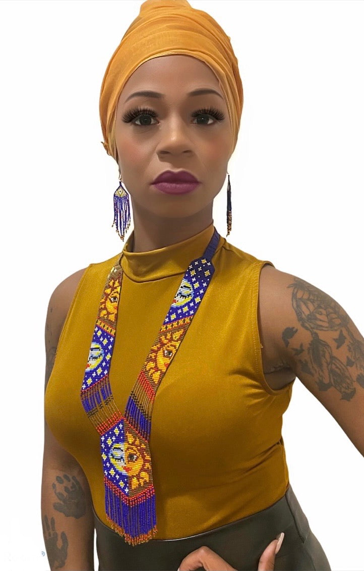 Handcrafted Bead embroidery long necklace earrings set