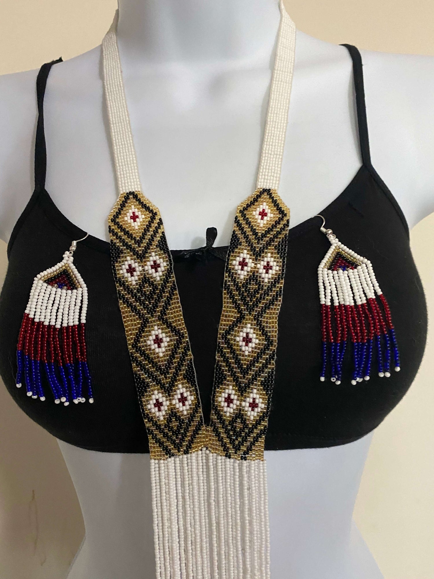 Handcrafted Bead embroidery long necklace earrings set