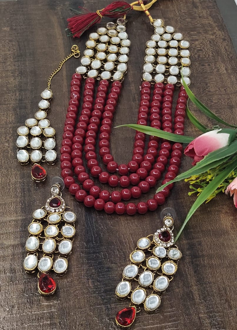 Indian/ African necklace earrings head jewelry set glass beads & kundan work