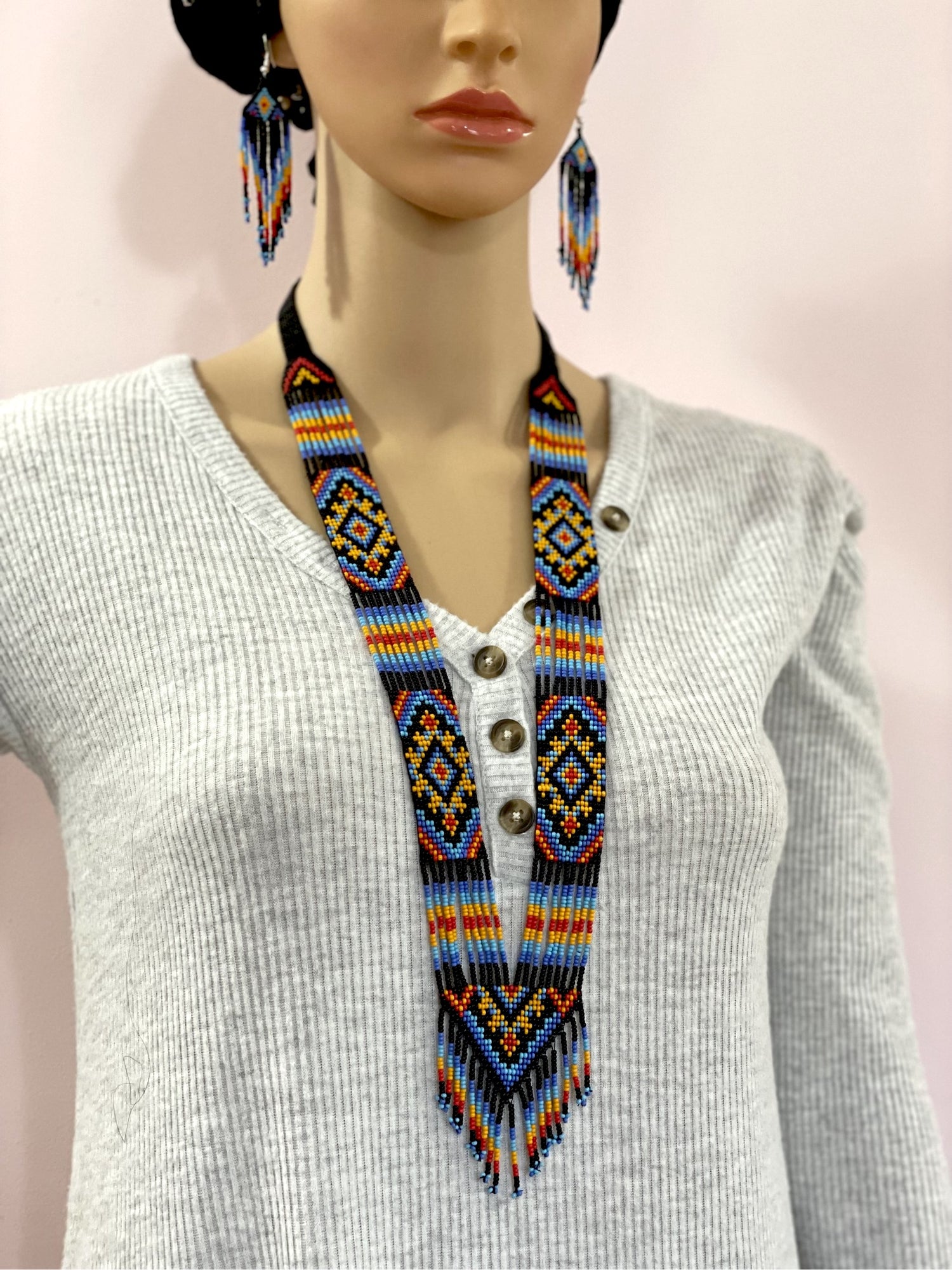 Handcrafted seed bead lightweight necklace earrings set