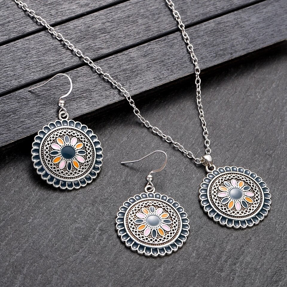 Necklace earrings set oxidized enamel jewelry
