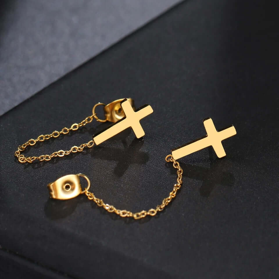 Cross charm earrings with chain lightweight stainless high polish jewelry