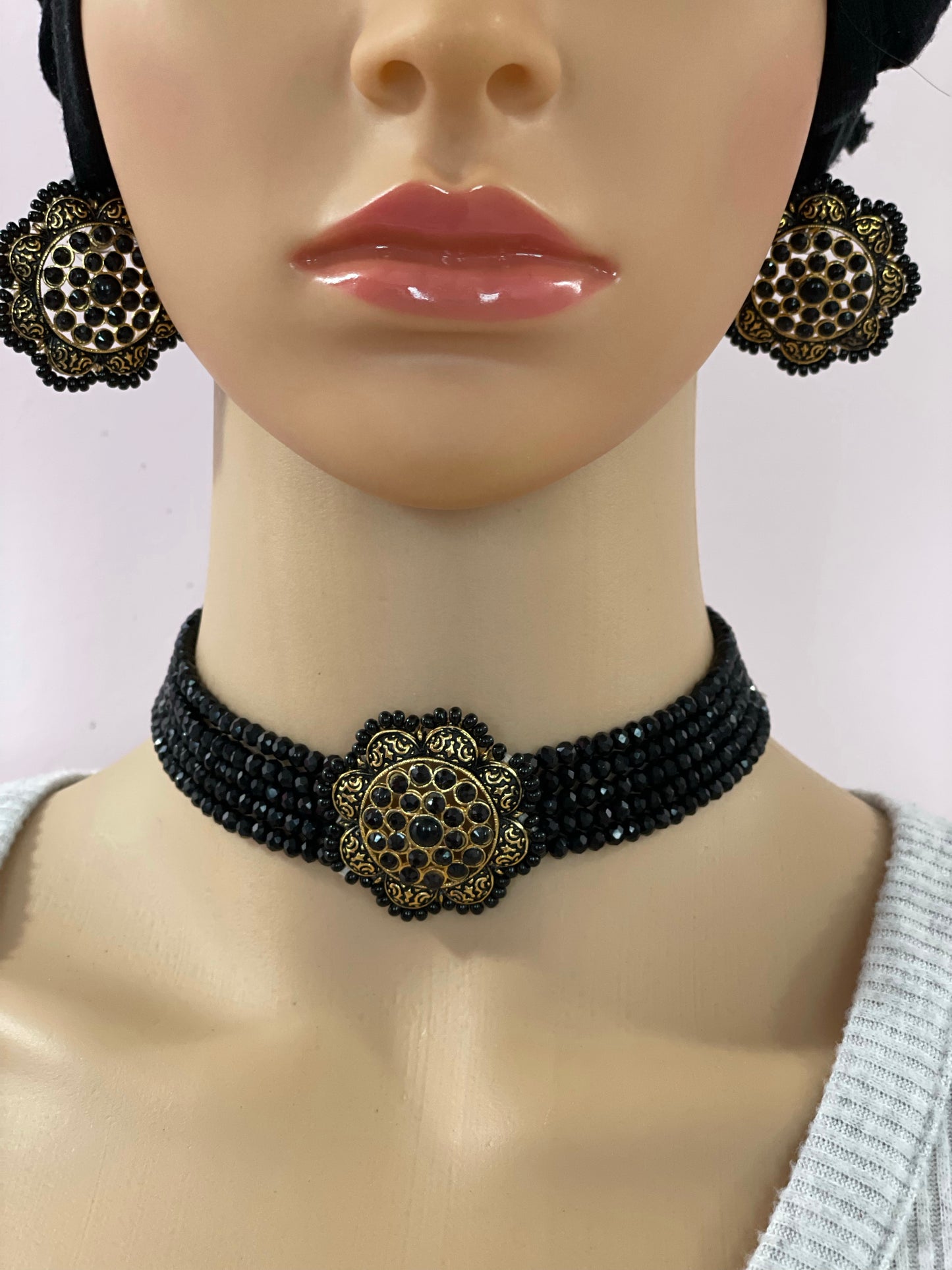 Necklace earrings set black choker handcrafted with adjustable back