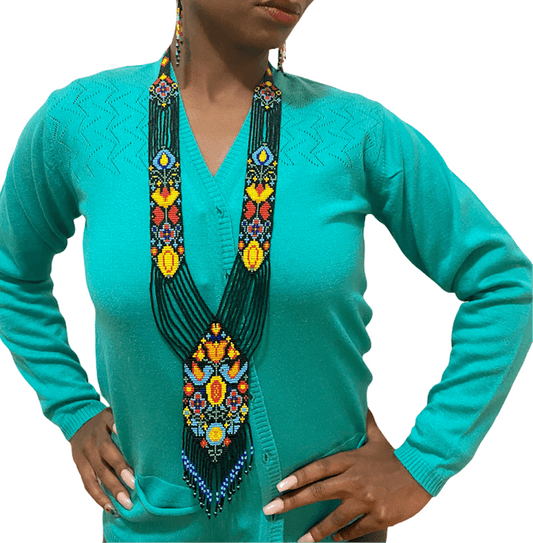 Handcrafted Bead embroidery long necklace earrings set