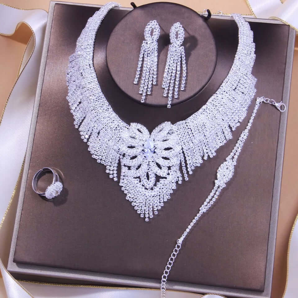 Bridal jewelry necklace earrings bracelet ring set super shiny lightweight