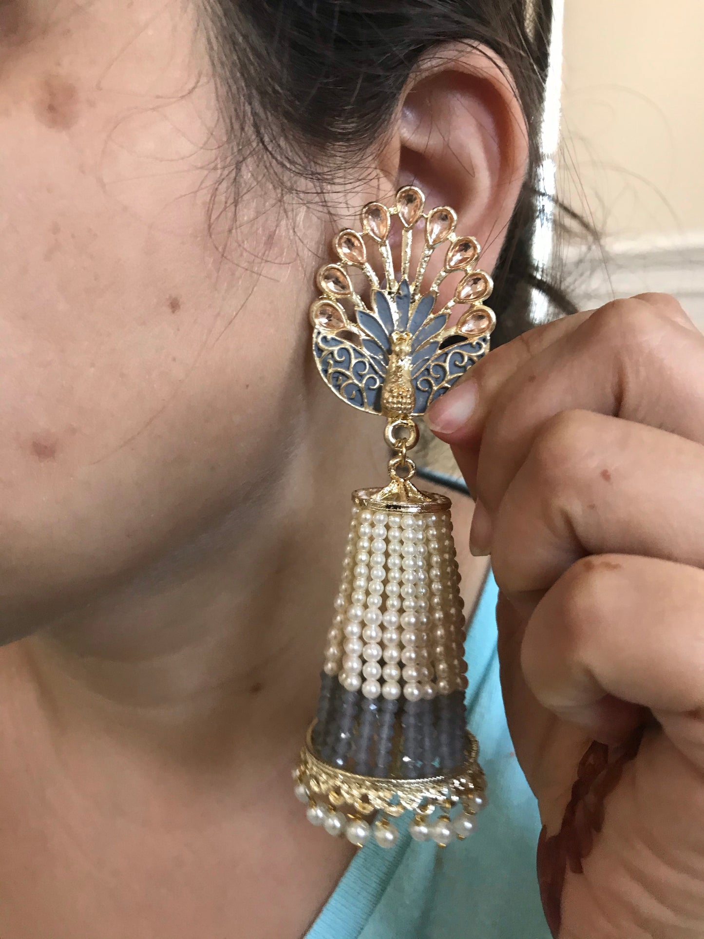 Peacock earrings Bollywood pearl drop jhumka