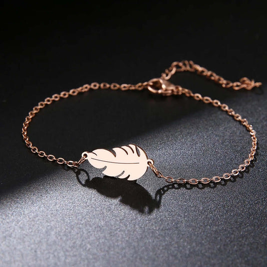 Charm Bracelet rose gold feather design stainless no fade jewelry