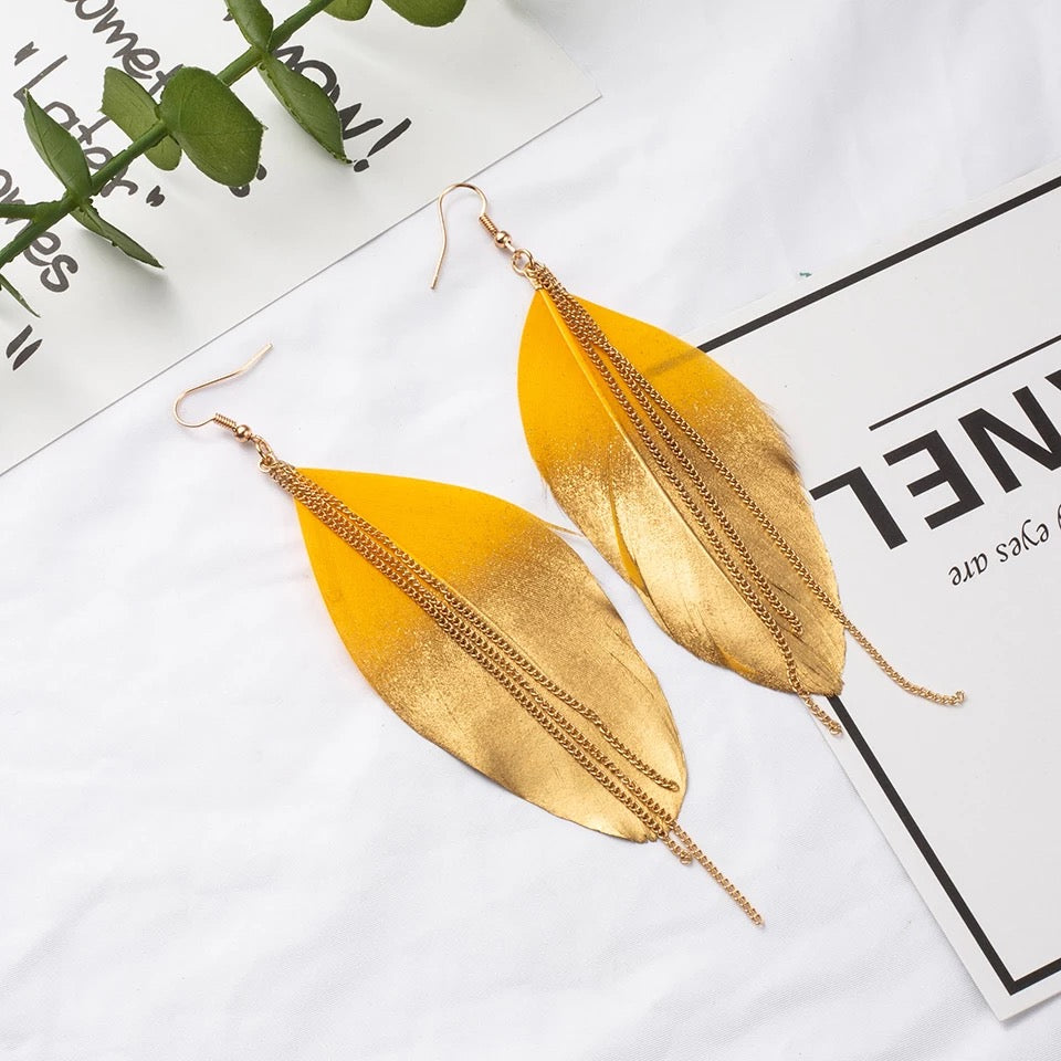 Handcrafted earrings yellow feather bohemian jewelry
