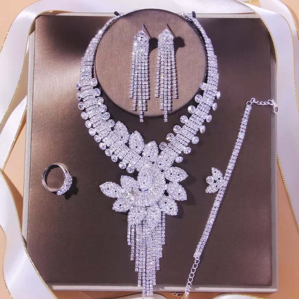 Bridal jewelry necklace earrings bracelet ring set silver rhinestone gift