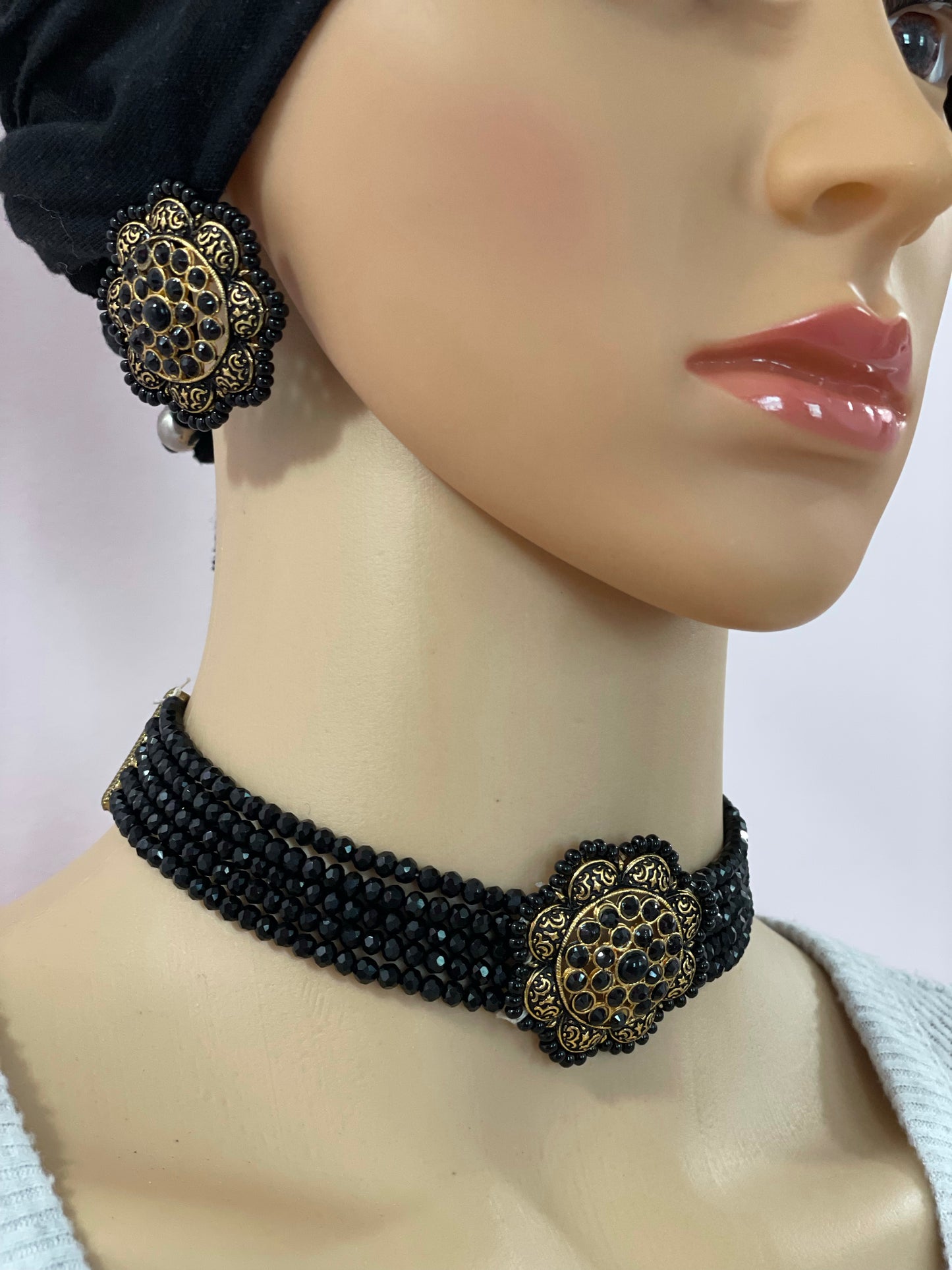 Necklace earrings set black choker handcrafted with adjustable back