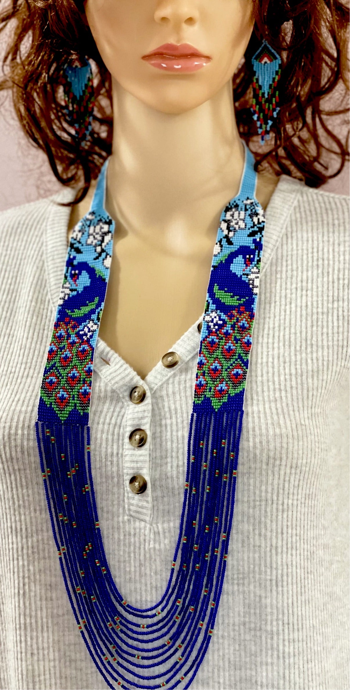 Handcrafted seed bead necklace earrings peacock jewelry design for Women