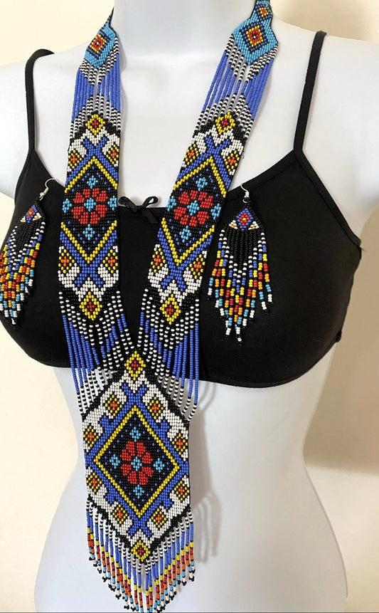 Handcrafted seed Bead long necklace earrings set