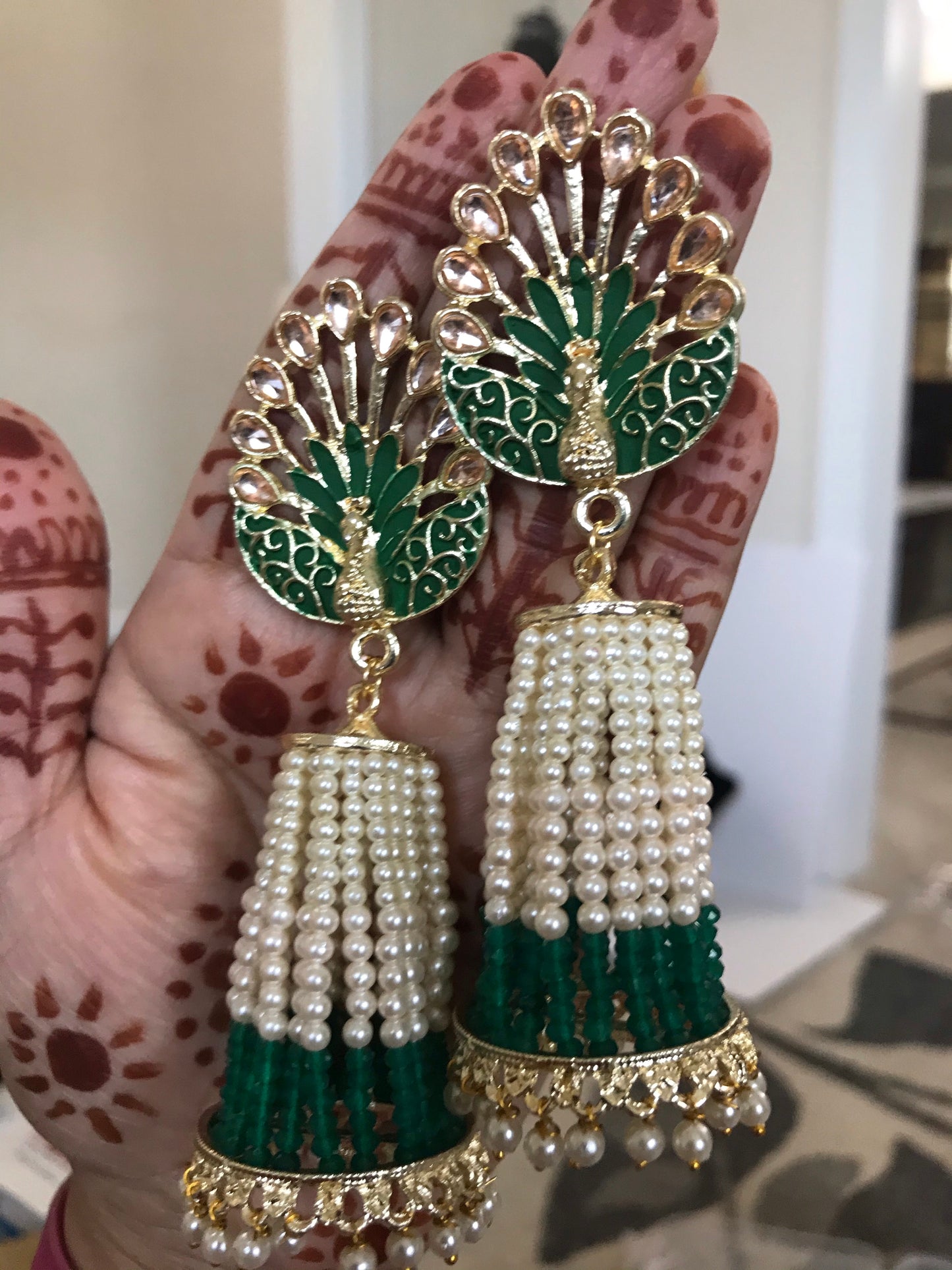 Peacock earrings Bollywood pearl drop jhumka