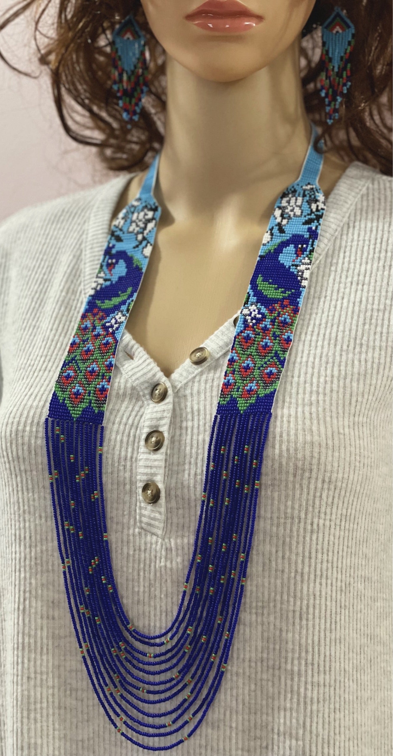 Handcrafted seed bead necklace earrings peacock jewelry design for Women