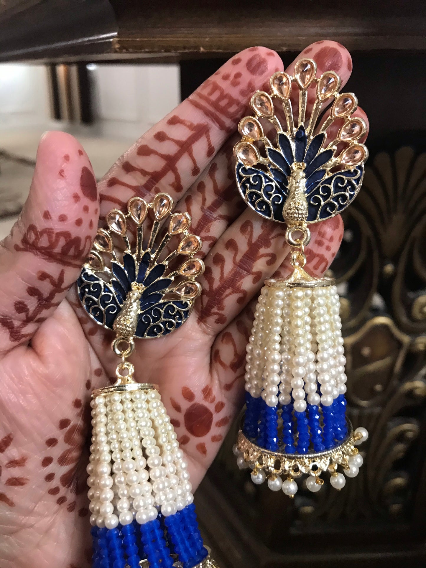 Peacock earrings Bollywood pearl drop jhumka