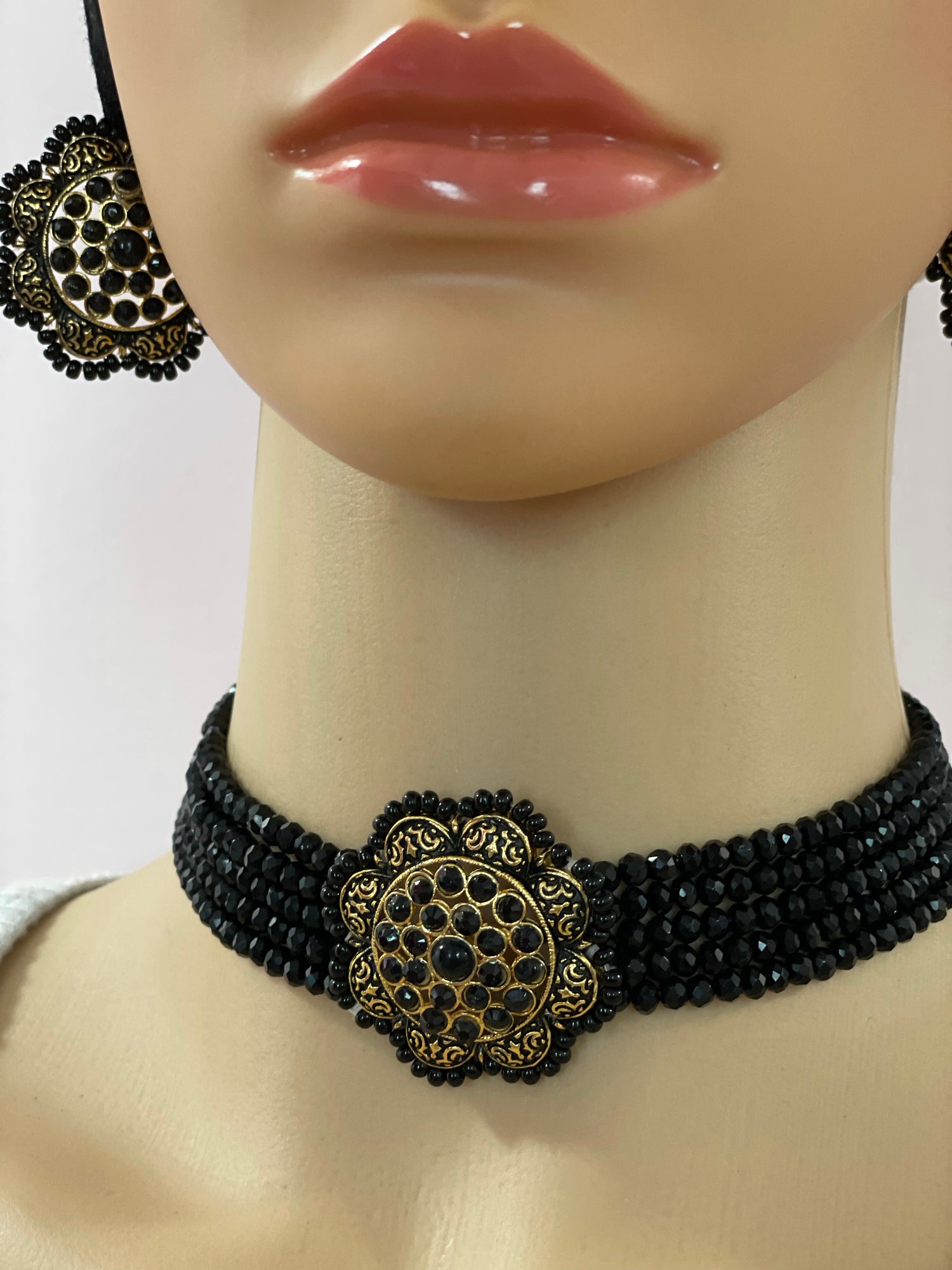 Necklace earrings set black choker handcrafted with adjustable back