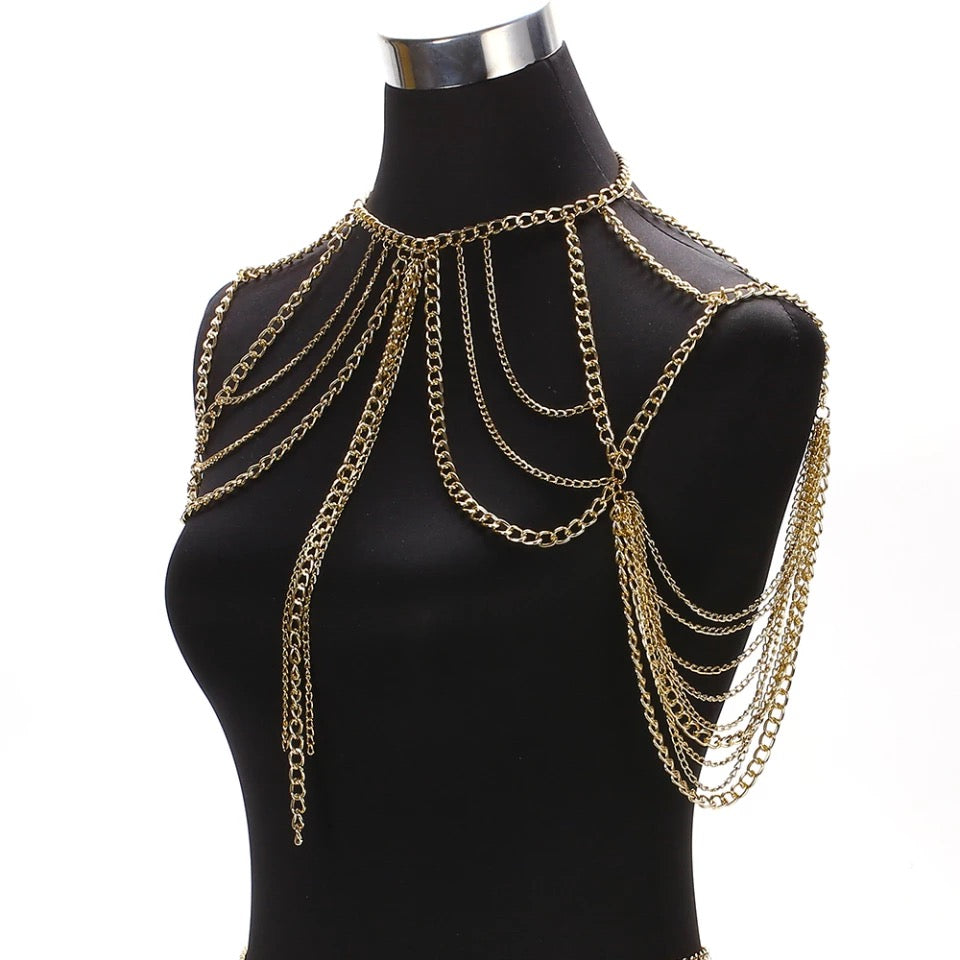 Shoulder chain multilayered waist chain and top body jewelry golden women accessory
