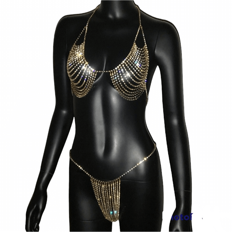 bikini suit slim body jewelry rhinestone crystal bra thong body chain jewelry