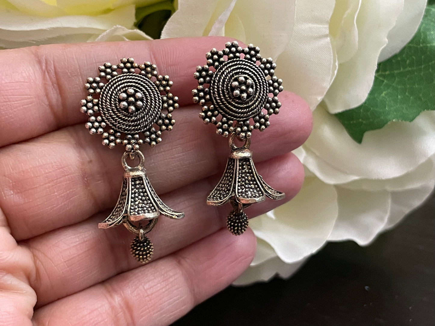 Earrings lily shape oxidized boho style look lightweight jewelry