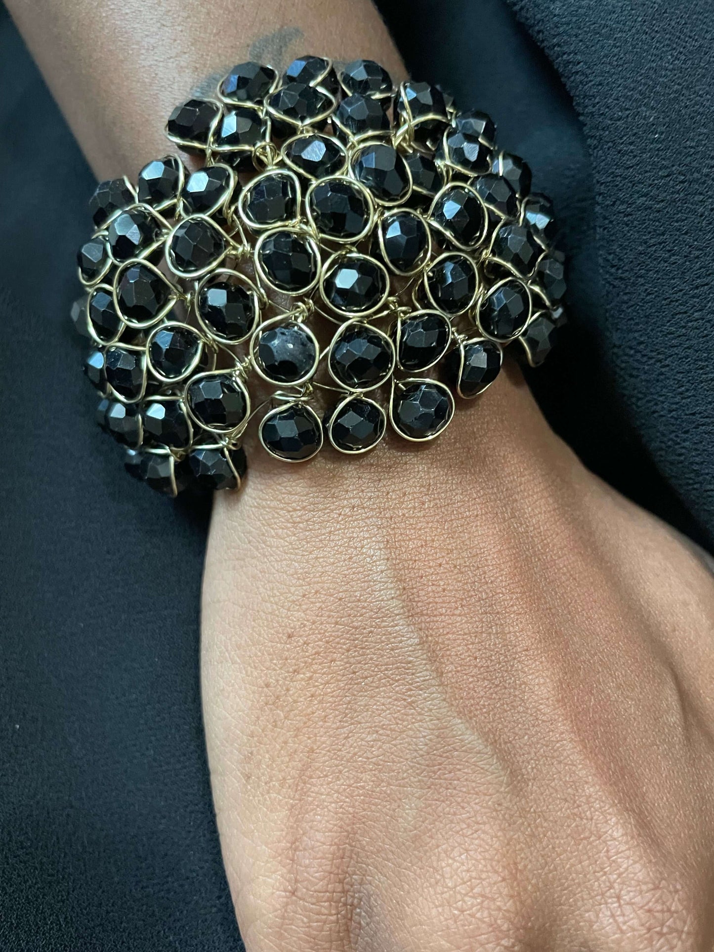Bracelet & ring handcrafted adjustable jewelry in black beads