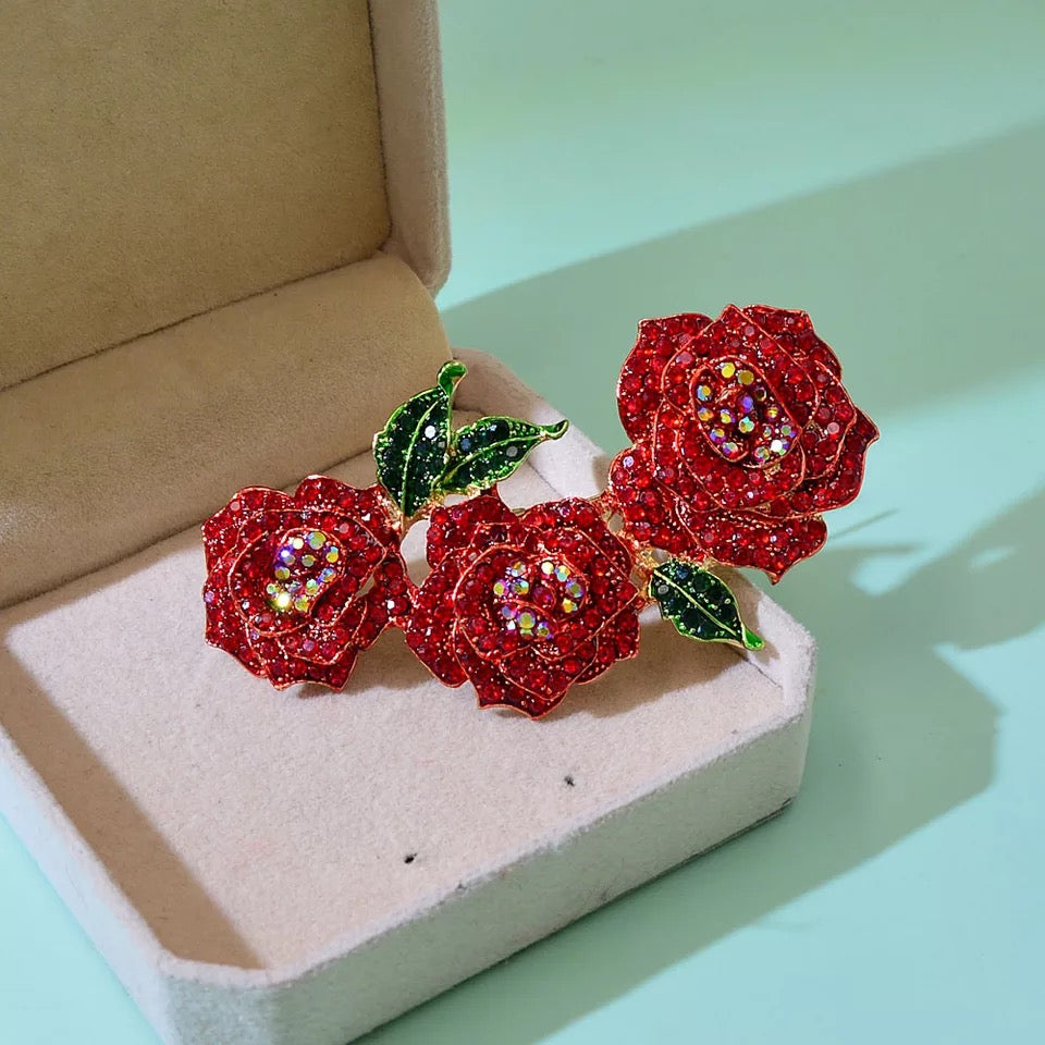 Rose Flower Brooches For Women Red Crystal Pin Sweather Party Jewelry Gift