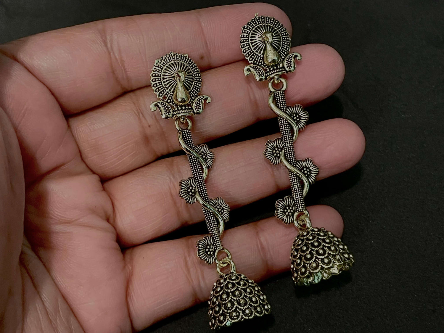 Antique look earrings peacock theme Indian jhumka