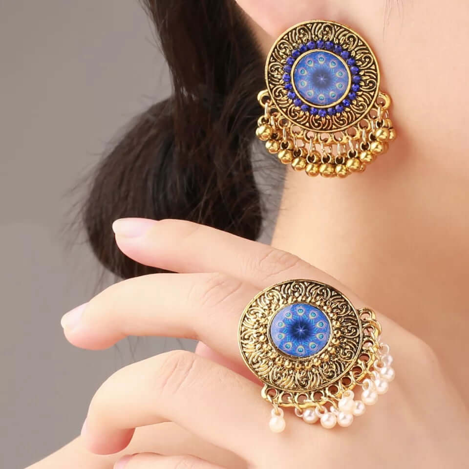 Ethnic earrings and adjustable ring bronze finish boho jewelry gift