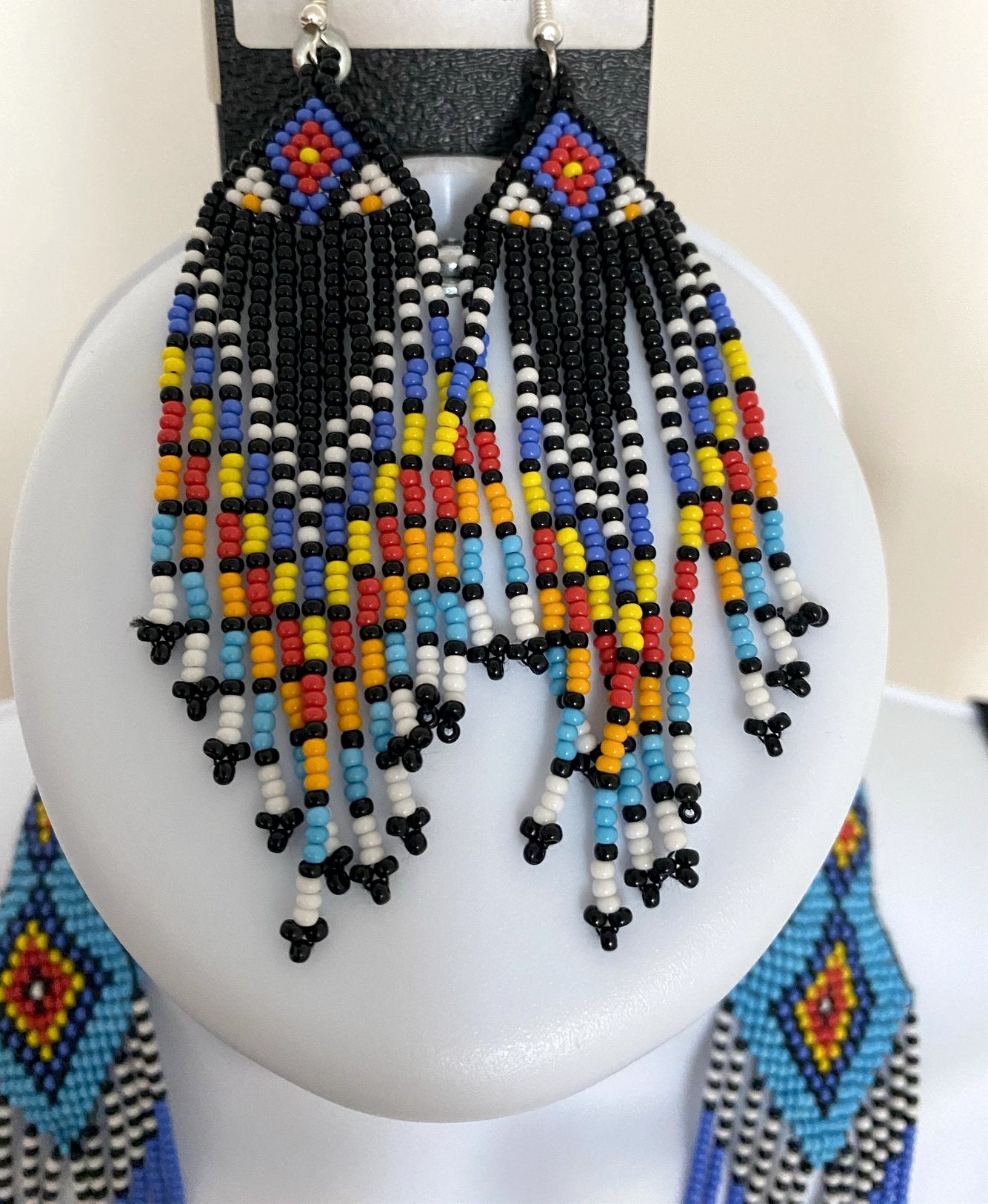 Handcrafted seed Bead long necklace earrings set