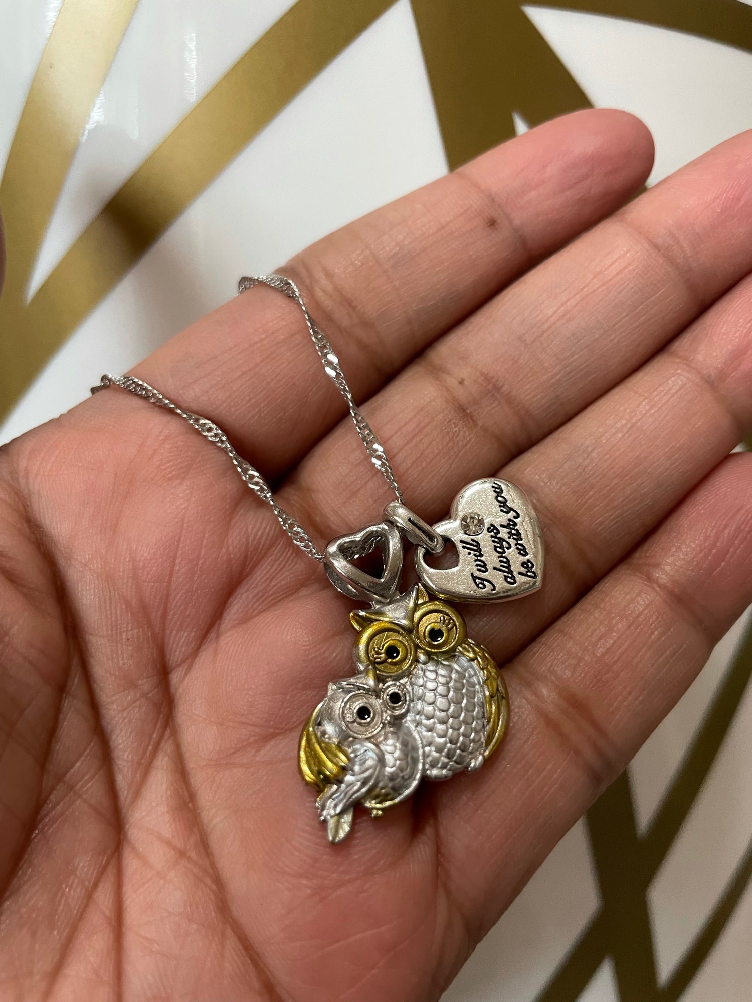 Owl charm necklace pendant love family gift 2 tone jewelry