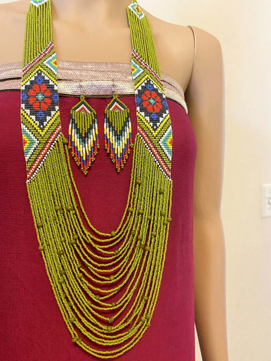 Handcrafted Bead embroidery long necklace earrings set