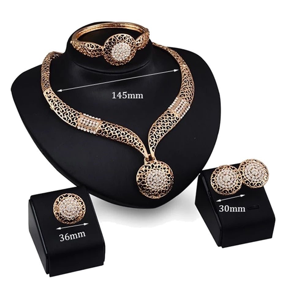 Hollow round pendant necklace earrings bracelet ring bridal jewelry set