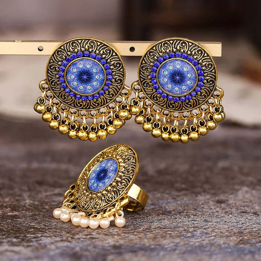 Ethnic earrings and adjustable ring bronze finish boho jewelry gift