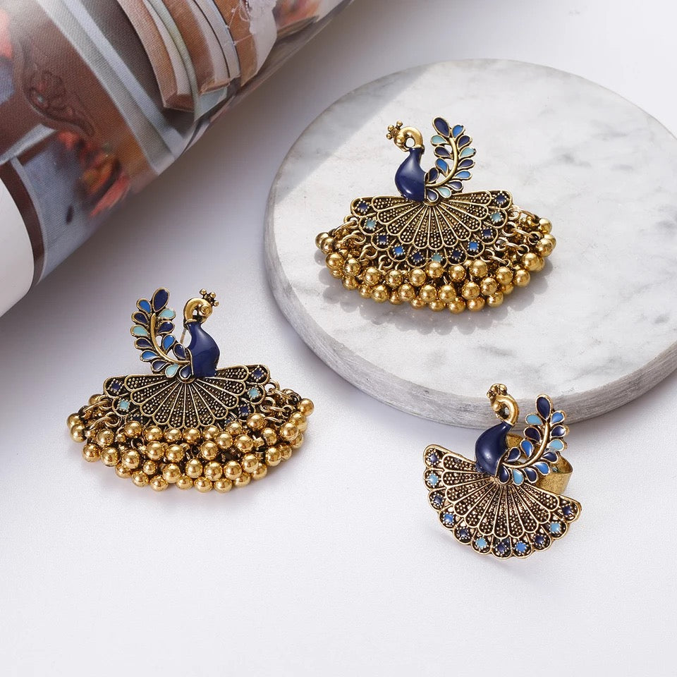 Earring Ring combo Retro antique style peacock Wedding jewelry Jhumka set