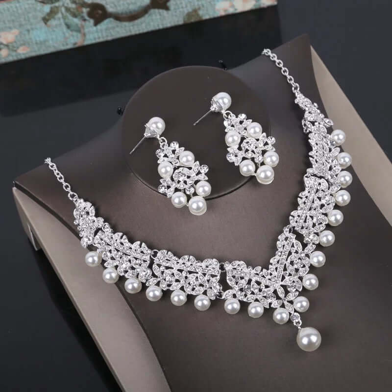 Bridal tiara necklace earrings set silver rhinestone