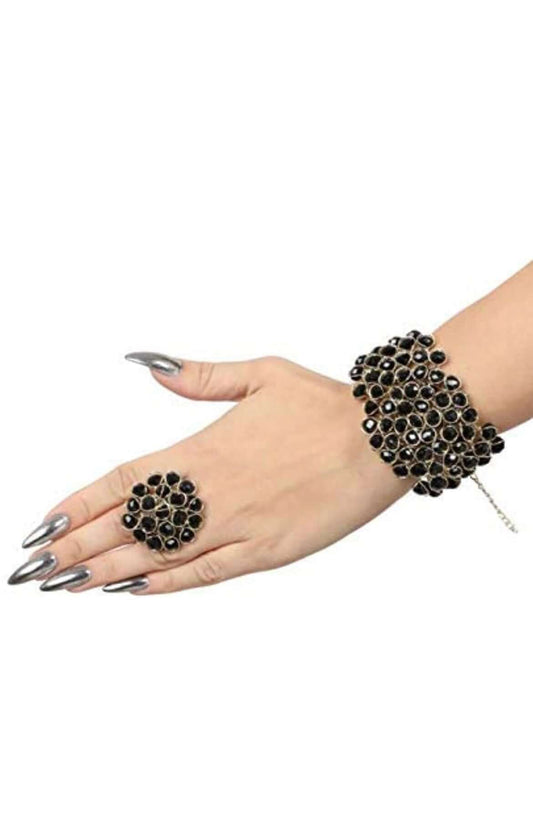 Bracelet & ring handcrafted adjustable jewelry in black beads