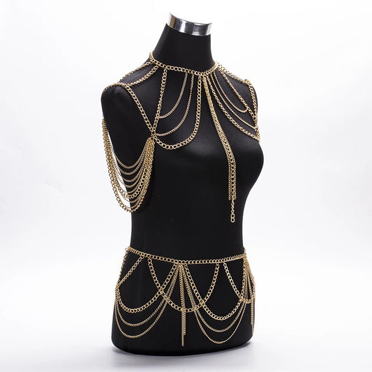 Shoulder chain multilayered waist chain and top body jewelry golden women accessory