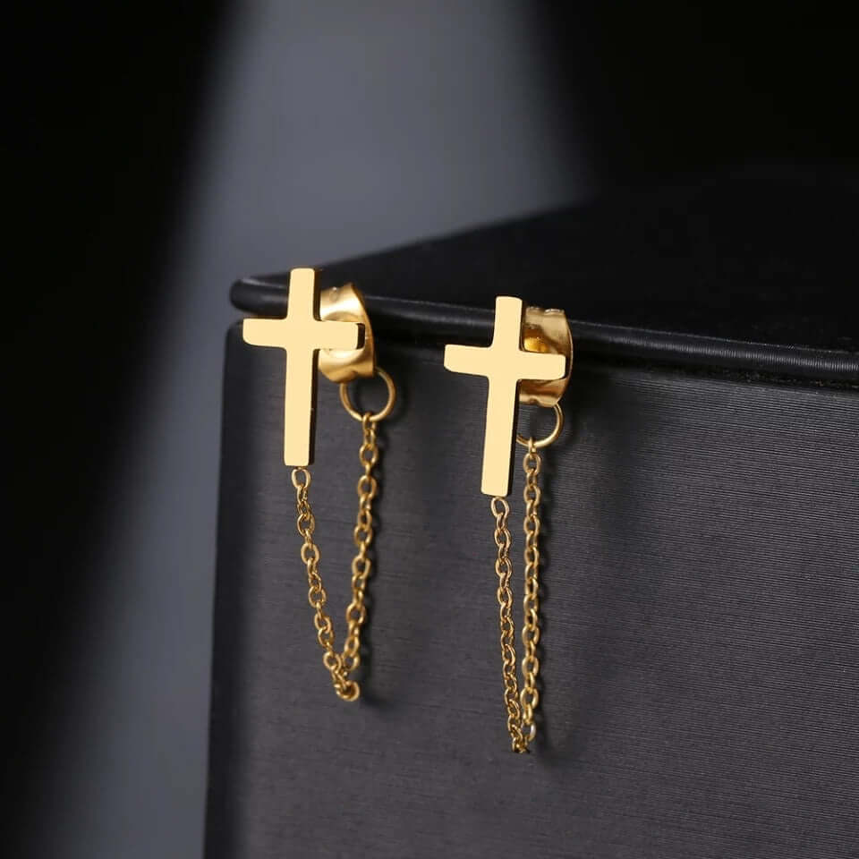 Cross charm earrings with chain lightweight stainless high polish jewelry