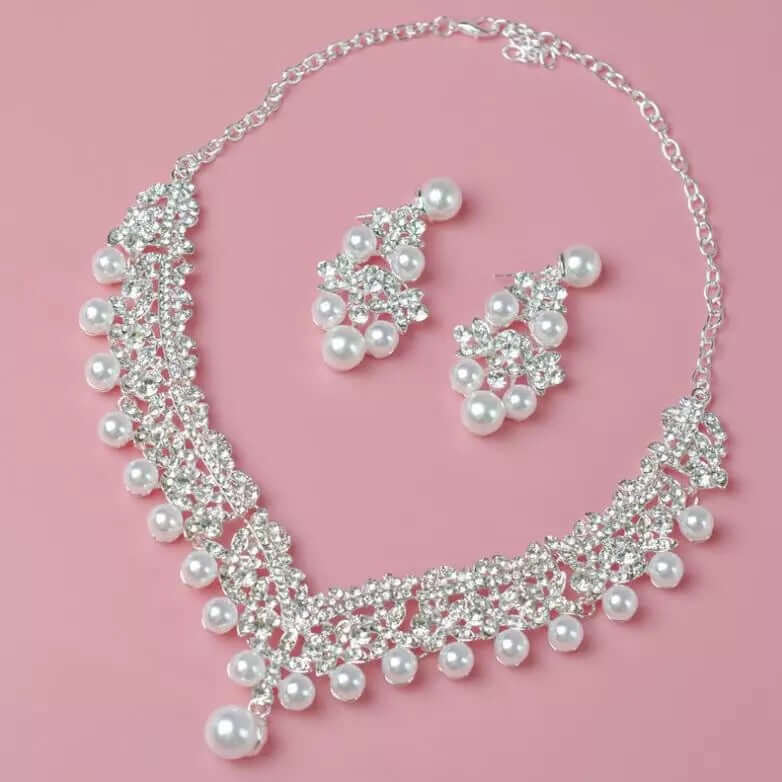 Elegant bridal necklace earrings set with cute tiara pearl decorated