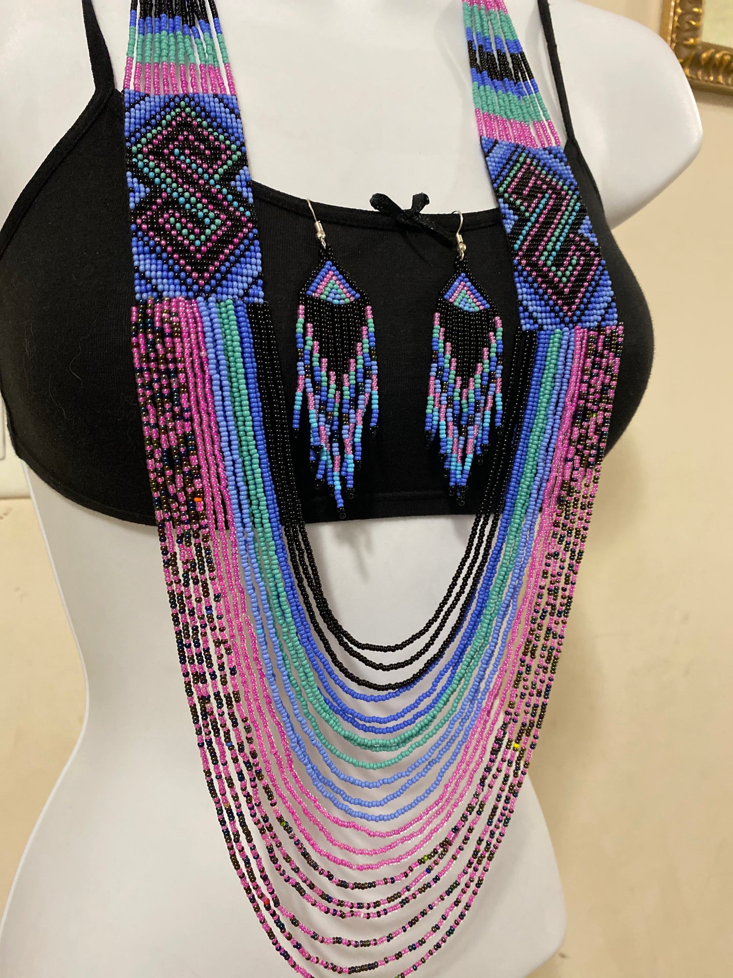Handcrafted Bead embroidery necklace earrings set