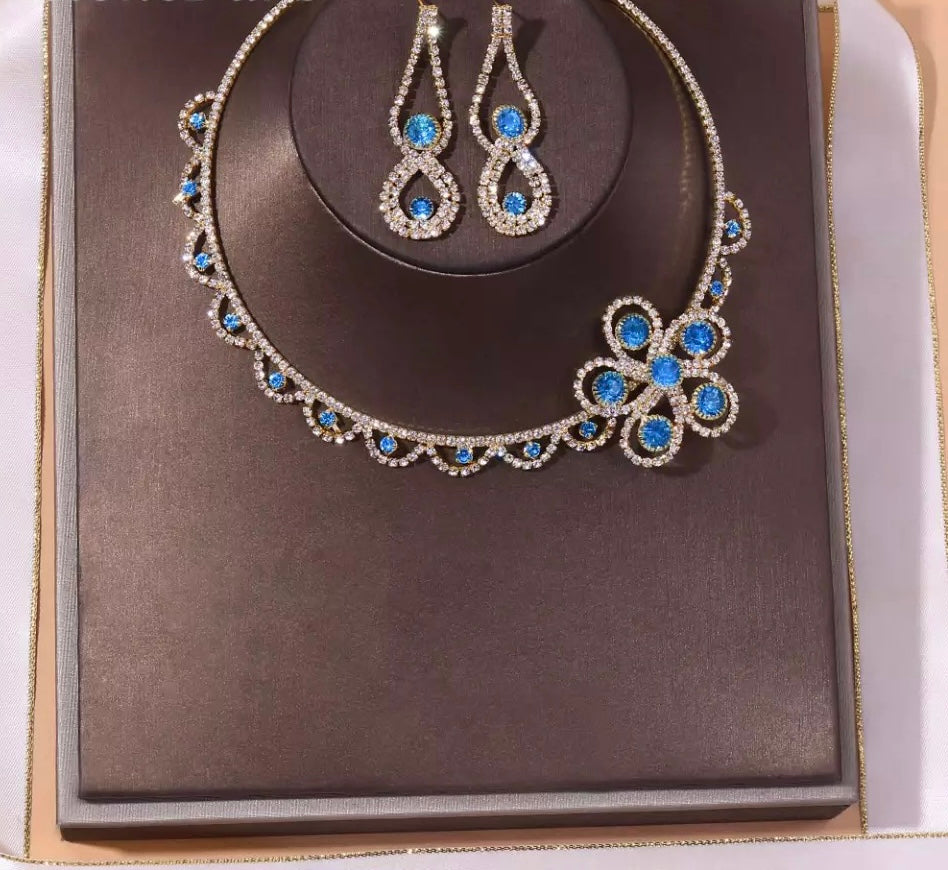 Wedding Necklace earrings set rhinestone elastic ring adjustable