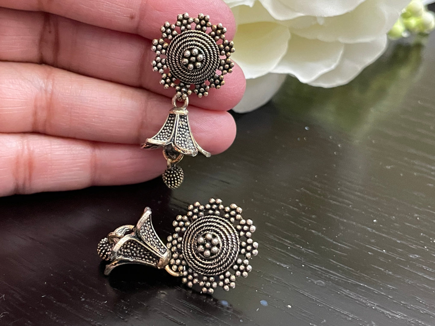 Earrings lily shape oxidized boho style look lightweight jewelry